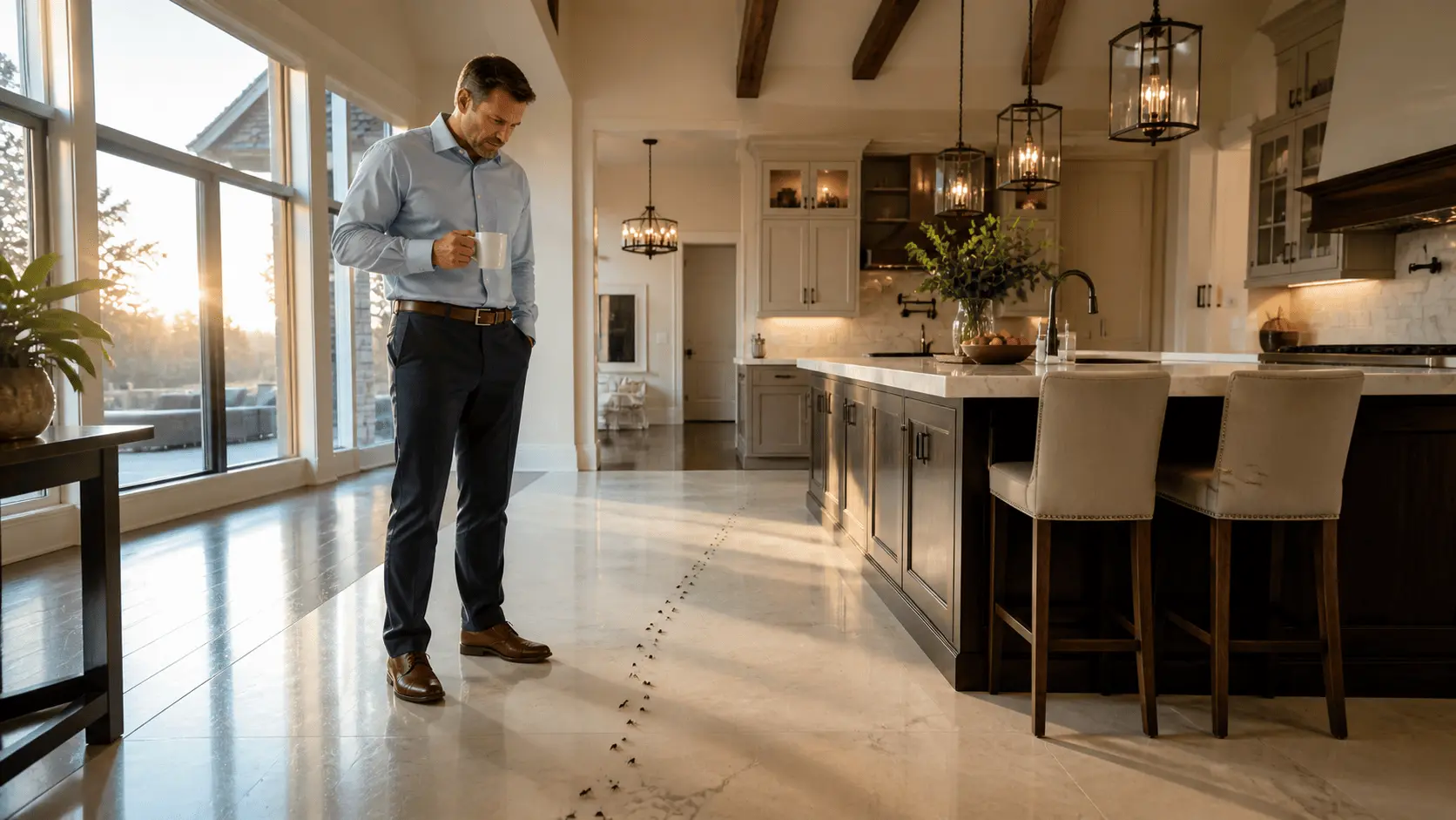 Homeowner noticing a trail of ants across the kitchen floor inside a house, illustrating early signs of pest infestation that may require pest control treatment